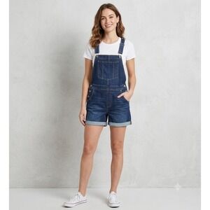 Womens Medium Stretch Relaxed-Fit Denim Short Overalls with Adjustable Straps